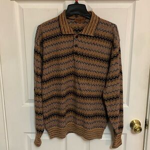 VTG Classic Black Missoni Sport Men’s Zigzag Polo Sweater Academia Luxury XL
